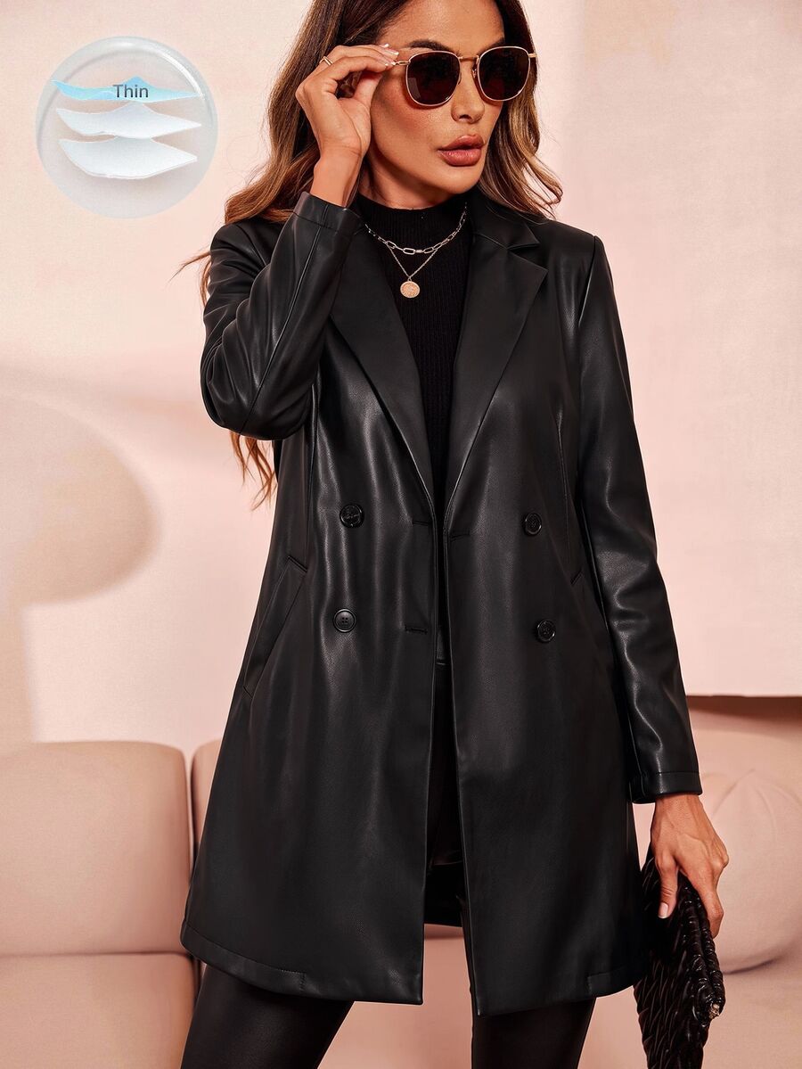 SHEIN Clasi 女款秋冬經典PU皮革中長版夾克,翻領雙排扣設計 - 黑色 - 查看 1