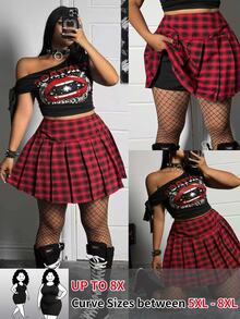 SHEIN CURVE+ Quần váy skort kẻ caro xếp ly thường ngày đa năng cho nữ size lớn - Đỏ - Xem 1