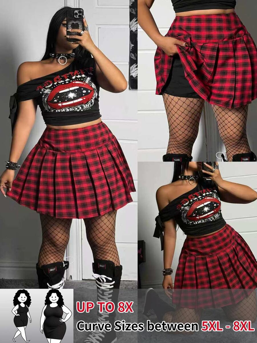 SHEIN CURVE+ Quần váy skort kẻ caro xếp ly thường ngày đa năng cho nữ size lớn - Đỏ - Xem 1