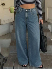 Dazy Plus Solid Color Washed Loose Wide Leg Pants, Elegant Versatile Slimming Long Denim Jeans, All Season - Medium Wash - View 8
