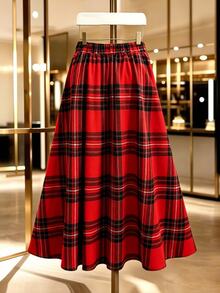 GlowEve CURVE Plus Size Plaid A-Line Skirt With Single Button Closure Fall/Winter Brunch Birthday Red Vintage Retro Christmas,New Year, Date, - Red - View 2