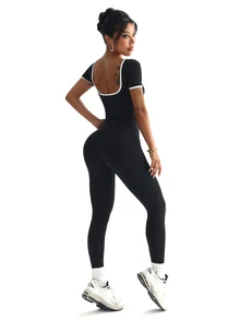 SHEIN Dewbera Women's Square Neck Short Sleeve Piped Trim Daily Fitness Sports Jumpsuit - Black and White - View 2