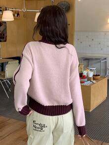 DAZY Women's Unicorn Embroidered Contrast Color Dropped Shoulder Long Sleeve Zipper Front Knit Cardigan - Pink - View 5