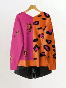 GlowEve CURVE Plus Size Women's Casual Contrast Color Pattern Frog Button V-Neck Drop Shoulder Cardigan - Multicolor - View 2
