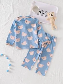 2pcs Baby Boy Soft Plush Turn-Down Collar Open Front Trim Design Long Sleeve Long Pants Pajama Set - Dusty Blue - View 2