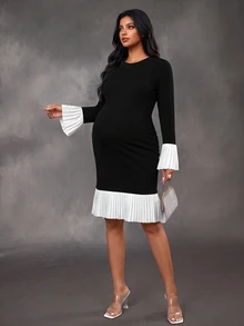 Cheriluna Maternity Black Long Sleeve Slim Fit Maternity Plus Size Dress, Round Neck Design, White Pleated Elements On Cuffs And Hem, Minimalist Yet Stylish, Suitable For Daily Commute - Black and White - View 4