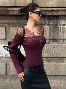 Livesso Women's Purple Round Neck Long Sleeve Cable Knit Slim Fit Ribbed Casual Sweater, Autumn/Winter - Purple - View 4
