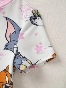 TOM & JERRY X SHEIN طقم ملابس منزلية للبنات الصغيرات بطبعة كرتونية، توب بأكمام قصيرة وشورت - وردي - مشاهدة 4