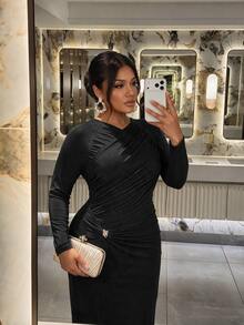 Firerie Plus Size Women Solid Color Long Sleeve Pleated Metallic Decor Fitted Elegant Dress - Black - View 1