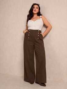 Lounesse Plus Size Women's Button Casual Everyday Denim Jeans - Brown - View 5