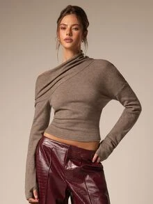 Athîral Women's Slim Fit Taupe Sweater,Fine Knit,Asymmetric Cold Shoulder,Draped Pleats,Solid,Autumn Winter,Statement,Modern Chic,Daily Outing,Fall Sweater - Khaki - View 3