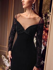 MOTF Soiréza WOMEN'S LACE PATCHWORK SQUARE NECK ELEGANT MERMAID EVENING DRESS - Black - View 1
