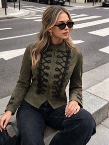 valorelle valorelle Jaket Wanita Lengan Panjang dengan Resleting Depan, Model Napoleon Kasual. - Hijau Tentara - View 4