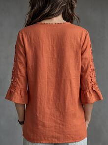 Hansera Middle-Aged Women Casual Outing Holiday Outfit Contrast Lace Ruffle Cuff Fashion Top - Rust Brown - View 2