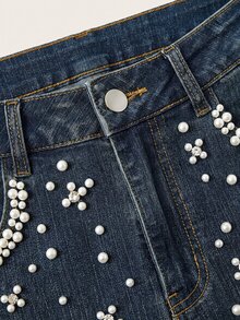 SHEIN MOD 女款時尚人造珍珠裝飾鈕扣牛仔裙 - 藍色 - 查看 3