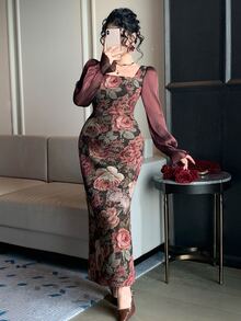 DAZY Women's Jacquard Square Neck Ruffle Cuff Elegant Long Dress - Burgundy - View 4