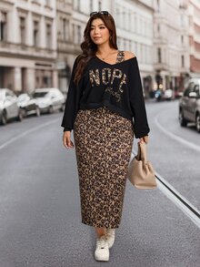 Comfylo Plus Size Women's Leopard Print Dress And Letter Graphic Top Fashion 2 Pieces Set - Multicolor - View 5