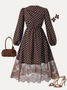 SHEIN Girls Polka Dot Print Lantern Sleeve Lace Hem Belted Midi Dress Brown - Brown - View 1