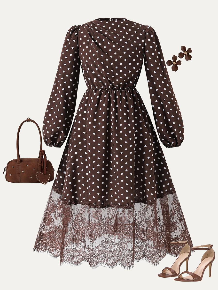 SHEIN Girls Polka Dot Print Lantern Sleeve Lace Hem Belted Midi Dress Brown - Brown - View 1