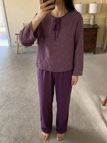 DAZY 2pcs/Set Women's Pajama Set With Bow Pattern All-Over Print Long Sleeve Top And Solid Color Straight Leg Long Pants - Purple - View 5
