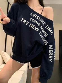 DAZY 女款休閒街頭風甜美保暖內裡海軍藍字母印花不對稱領運動衫，秋冬連帽衫 - 藏蓝色 - 查看 6