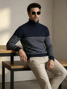 Manfinity CasualKnits 男士條紋高領長袖休閒百搭毛衣 - 彩色 - 查看 5