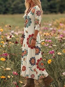 Selamara Bohemian Vintage Print Long-Sleeve Dress, V-Neck, Loose Flowy Vacation Maxi Dress - Multicolor - View 4