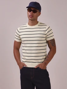 Musero Muscle Fit Stripe Crew Neck Lightweight Knit Top Spring Summer Essentials - Beige - View 2
