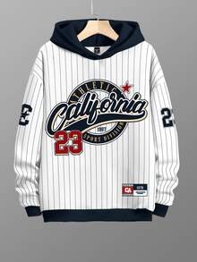 Chillumni 經典校園運動風復古 California #23 短袖T恤，黑白直條紋 California #23 條紋棒球球衣時尚運動休閒連帽衫 - 彩色 - 查看 3