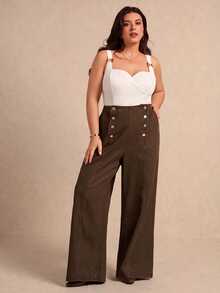 Lounesse Plus Size Women's Button Casual Everyday Denim Jeans - Brown - View 7
