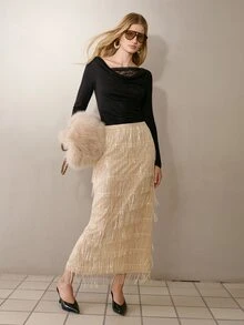 MOTF PREMIUM WOMEN'S TASSEL DESIGN FASHION VERSATILE SKIRT - Champagne - View 7
