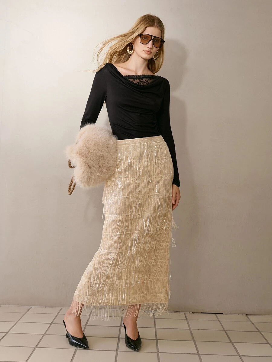 MOTF PREMIUM WOMEN'S TASSEL DESIGN FASHION VERSATILE SKIRT - Champagne - View 1