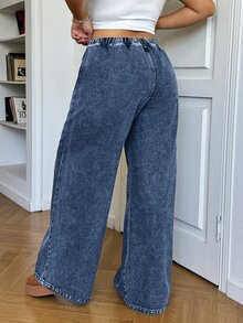 SHEIN EZwear Plus Size Casual Relaxed Elastic Waist Wide Leg Jeans, Black - Dark Wash - View 2