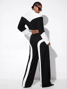 Aveloria GENKIRA Fall Black And White Contrast Color Asymmetrical Design Cropped Stand Collar Curved Hem Loose Wide Shoulder Silhouette Blazer Jacket Women's Suit Set - Black and White - View 8