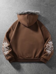 ROMWE MEN Goth 男士哥德風圖案休閒百搭毛絨拼接連帽衫 - 棕色 - 查看 2