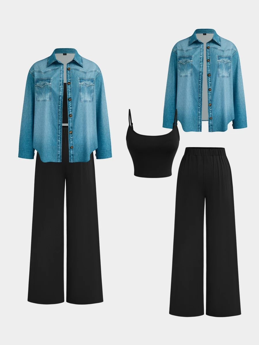 Sweetra CURVE Plus Size Casual Denim Effect Shirt & Pants & Camisole 3 Pieces Set Fall - Multicolor - View 1
