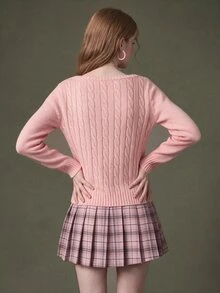 Elnivra Women's Button Half-Placket Long Sleeve Pocket Cable Knit Pullover Sweater - Pink - View 3