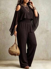 Linhara CURVE Women's Plus Size Autumn Cold Shoulder Chiffon Patchwork Top With Flutter Sleeves And Cable-Knit Elastic Waist Wide Leg Pants, Loose Drapey Mature Style Party & Commute Set - Coffee Brown - View 4