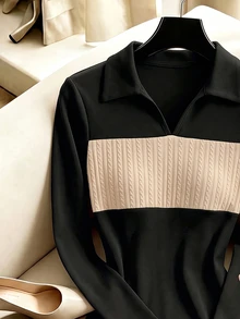 GlowEve Color Block Zip Collar Long Sleeve Bodycon Dress, Textured Panel Slim Fit Mini Pencil Dress For Women Casual Daily Outfit - Multicolor - View 3