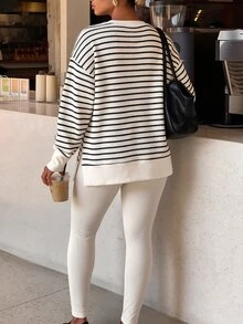 Easura Plus Size Women's Autumn/Winter Striped Fabric Color-Block Sweatshirt Set, Loose Top And Fitted Bottom, Casual Daily Commute Fall - Multicolor - View 2