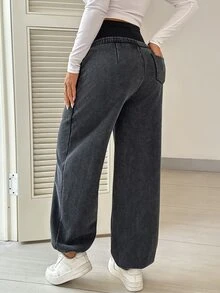 Boho Mama Celana Jogger Hamil Kasual Berlapisan Termal dengan Pinggang yang Dapat Diatur - Hitam - View 2