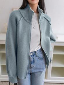 Dazy-Less Women's Minimalist Fashion High Collar Zipper Cardigan Old Money Style,Fall Women Clothes Business Casual Woman Work Clothes - Dusty Blue - View 6
