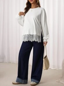 Slowluna Maternity Solid Color Round Neck Dropped Shoulder Long Sleeve Lace Hem Casual T-Shirt - White - View 4