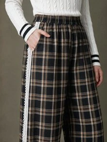 Elnivra Women's Casual Plaid Lace Patchwork Pocket Long Pants - Black - View 6
