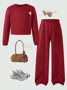 SHEIN Tween Girl Sweatshirt Set, Vintage Distressed Print 2 Pieces Set, Crew Neck Long Sleeve Pony Print Cropped Sweatshirt & Loose Long Pants Casual Outfit - Red - View 3