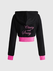 ROMWE Grunge Punk Women's 2pcs Set Star Patchwork Embroidered Letter Vintage Colorblock Black & Pink Hooded Jacket With Colorblock Flared Pants - Black - View 4