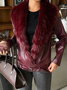 Aloruh Women's Autumn/Winter Burgundy PU & Fur Patchwork Jacket, Casual Versatile Outerwear - Burgundy - View 8