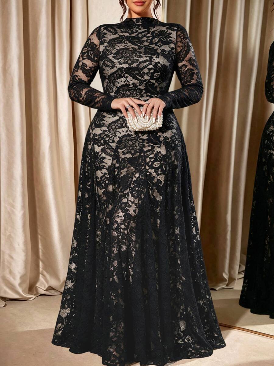 Cravure Plus Size Women's Autumn/Winter Waist-Cinching A-Line Dress With Nude Lining, Contrast Lace, Elegant For Party And Daily Wear - Black - View 1