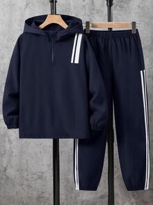 SHEIN 2件組兒童青少年男孩休閒日常百搭舒適織帶連帽半拉鍊套頭寬鬆長袖夾克與寬鬆慢跑長褲套裝，適合秋冬 - 藏蓝色 - 查看 2
