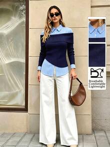 Selenza Women's Fashionable New Spring/Autumn Romantic Elegant Black Off-Shoulder Striped Patchwork Shirt, 2 In 1 Design, Suitable For Daily Commute, Date, Outing, Vacation And Various Occasions, Fashionable Item - Blue - View 3